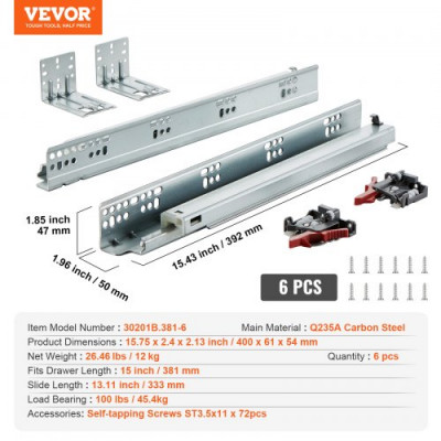 VEVOR Guías para cajones, 6 pares de guías para cajones de bolas, 381 mm, cierre suave y silencioso, 45,4 kg, carril guía de montaje lateral inferior, acero con cerradura, para gabinete de cocina