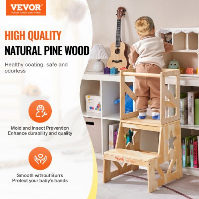 VEVOR Torre de Observación para Niños Carga de 68 kg Torre de Aprendizaje Montessori de Madera de Pino Natural con Barandilla de Seguridad para Niños Pequeños, Dormitorio, Baño, Mostrador de Cocina