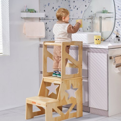 VEVOR Torre de Observación para Niños Carga de 68 kg Torre de Aprendizaje Montessori de Madera de Pino Natural con Barandilla de Seguridad para Niños Pequeños, Dormitorio, Baño, Mostrador de Cocina