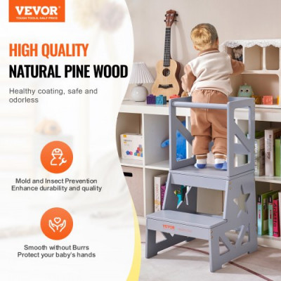 VEVOR Torre de Observación para Niños Carga 68 kg Torre de Aprendizaje Montessori de Madera de Pino Natural con Barandilla de Seguridad para Niños Pequeños, Dormitorio, Baño, Mostrador de Cocina, Gris