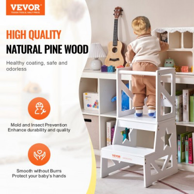 VEVOR Torre de Observación para Niños Carga de 68 kg Torre de Aprendizaje Montessori de Madera de Pino Natural con Barandilla de Seguridad para Niños Pequeños, Dormitorio, Baño, Mostrador, Blanco