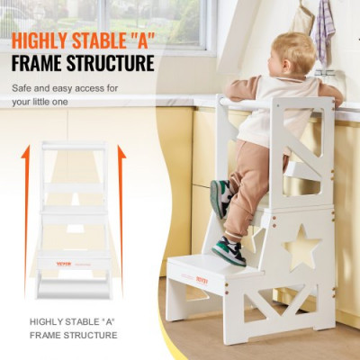 VEVOR Torre de Observación para Niños Carga de 68 kg Torre de Aprendizaje Montessori de Madera de Pino Natural con Barandilla de Seguridad para Niños Pequeños, Dormitorio, Baño, Mostrador, Blanco