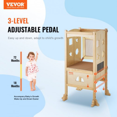 VEVOR Torre de Observación para Niños Carga de 56,75 kg Torre de Aprendizaje Montessori Plegable Madera Maciza Red de Seguridad de 3 Alturas para Niños Pequeños, Dormitorio, Baño, Mostrador de Cocina