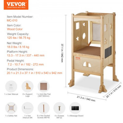 VEVOR Torre de Observación para Niños Carga de 56,75 kg Torre de Aprendizaje Montessori Plegable Madera Maciza Red de Seguridad de 3 Alturas para Niños Pequeños, Dormitorio, Baño, Mostrador de Cocina