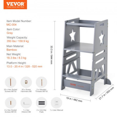 VEVOR Torre de Observación para Niños Carga de 158,9 kg Torre de Aprendizaje Montessori de Bambú 3 Alturas con Barandilla de Seguridad para Niños Pequeños, Dormitorio, Baño, Mostrador de Cocina, Gris