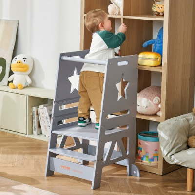 VEVOR Torre de Observación para Niños Carga de 158,9 kg Torre de Aprendizaje Montessori de Bambú 3 Alturas con Barandilla de Seguridad para Niños Pequeños, Dormitorio, Baño, Mostrador de Cocina, Gris