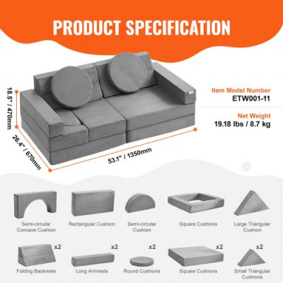 VEVOR Sofá Infantil Sofá Modular 15 Piezas Geométricas Esponja de Alta Densidad