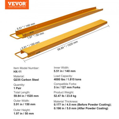 VEVOR Extensiones de Horquilla de Palets de 152cm Horquillas para Carretilla Elevadora Amarillas