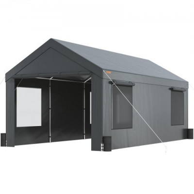 VEVOR Toldo para Cochera, Tienda de Garaje 3x6 m, Refugio Exterior con Paredes Laterales Desmontables, Ventanas, Puertas Enrollables Ventiladas, Impermeable para Coche, Camión, Barco, Gris Oscuro