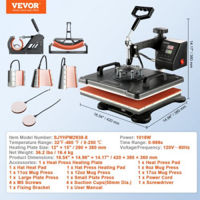 VEVOR 8 en 1 Prensa Térmica de Calor Máquina de Transferencia de Calor de Tazas de 38 X 30 cm Máquina de Sublimación de Calor con Pantalla Led Digital