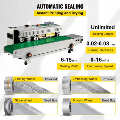 VEVOR Máquina de Sellado Continuo Automático FR-900, 500 W 0-12 m/min 220 V Selladora de Banda 86x45x33 cm Selladora Automática Horizontal para Sellar Bolsas de Plástico/Papel de Aluminio/Compuestas