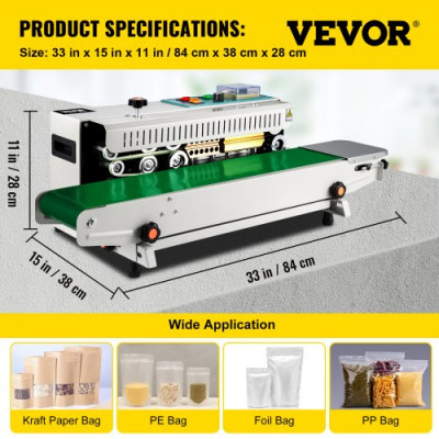 VEVOR Máquina de Sellado Continuo Automático FR-900, 500 W 0-12 m/min 220 V Selladora de Banda 86x45x33 cm Selladora Automática Horizontal para Sellar Bolsas de Plástico/Papel de Aluminio/Compuestas