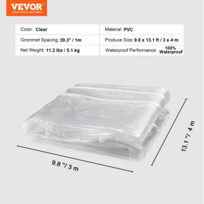 VEVOR Lona Transparente Impermeable con Ojales 3x4 m Lona de PVC Impermeable Exterior Cortina Protectora de Vinilo para Cubrir Invernadero Terraza Pabellón Garaje Jardín Coche Barcos Pilotes de Madera