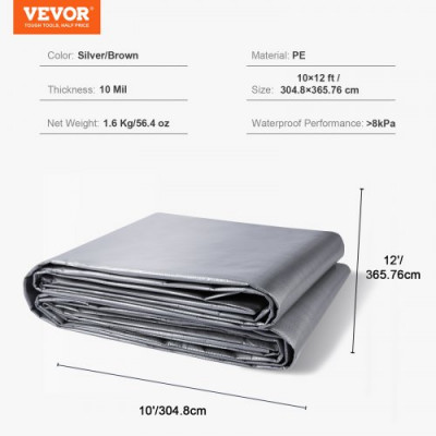 VEVOR Lona Protectora para Exteriores 304,8x365,76 cm Lona Impermeable de Polietileno de 10 mils, Resistente a los Rayos UV y a la Temperatura con Ojales Reforzados, Alta Durabilidad, Plateado/Marrón