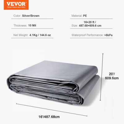 VEVOR Lona Protectora para Exteriores 487,7x609,6 cm Lona Impermeable de Polietileno de 10 mils, Resistente a los Rayos UV y a la Temperatura con Ojales Reforzados, Alta Durabilidad, Plateado/Marrón