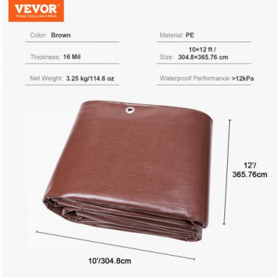 VEVOR Lona Protectora para Exteriores 304,8 x 365,76 cm Lona Impermeable de Polietileno de 16 mils, Resistente a los Rayos UV y a la Temperatura con Ojales Reforzados, Alta Durabilidad, Marrón