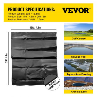 VEVOR Revestimiento para Estanques LLDPE 4,6x6m Revestimiento para Estanques Grosor de 0,5mm Capa Plegable Base de Membrana Fácil de Cortar para Estanques de Peces, Juegos Acuáticos, Cascadas, Fuentes