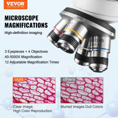 VEVOR Microscopio Compuesto Trinocular Microscopio Biológico 40X-5000X Enfoque Fino y Grueso de Precisión con Interfaz de Etapa 2 Capas para Computadora o Monitor Externo Investigación Educativa