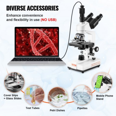 VEVOR Microscopio Compuesto Trinocular Microscopio Biológico 40X-5000X Enfoque Fino y Grueso de Precisión con Interfaz de Etapa 2 Capas para Computadora o Monitor Externo Investigación Educativa