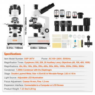 VEVOR Microscopio Compuesto Trinocular Microscopio Biológico 40X-5000X Enfoque Fino y Grueso de Precisión con Interfaz de Etapa 2 Capas para Computadora o Monitor Externo Investigación Educativa