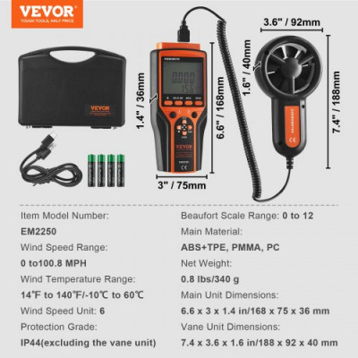 VEVOR Anemómetro Portátil para Medir Velocidad del Viento CFM Temperatura del Viento -10~60 °C Sensación Térmica del Viento Anemómetro Digital con Pantalla LED para Navegar, Volar con Drones, HVAC