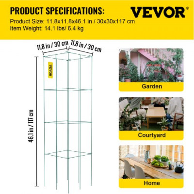 VEVOR Jaulas para tomates Jaula de soporte para plantas Paquete de 5 jaulas cuadradas de acero 3.8 pies Verde para jardín