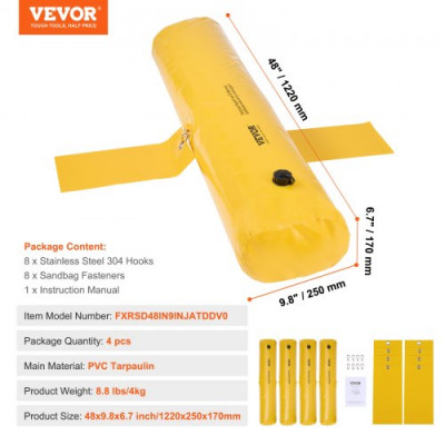 VEVOR Bolsa Anti Inundaciones 4 Piezas Barrera Alternativa de Protección contra Inundaciones Portátil y Fácil de Usar y Guardar para Hogar, Entrada, Patio, Camino de Entrada 122 x 25 x 17 cm Amarillo