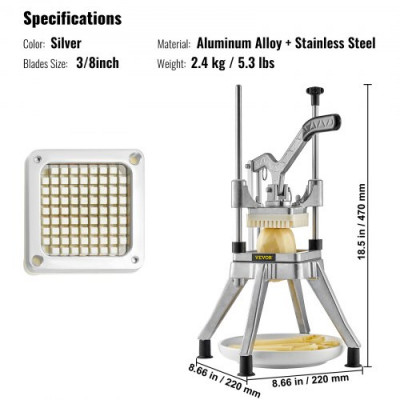 VEVOR Cortador de Verduras Profesional Manual Cuchilla Comercial de Acero Inoxidable de 0,95 cm Cortador de Patatas Cortador Multifunción de Frutas con 2 Cuchillas de Repuesto para Cocina Restaurante