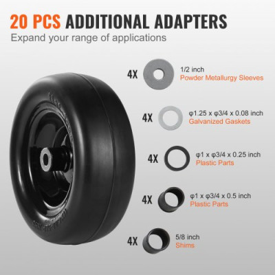 VEVOR Neumáticos para Cortacésped con Llanta de 2 Piezas Neumáticos para Tractor sin Cámara de 278X100-177 mm Neumáticos de PU sin Pinchazos Buje Central de 86,4 mm 20 Adaptadores para Cortacésped