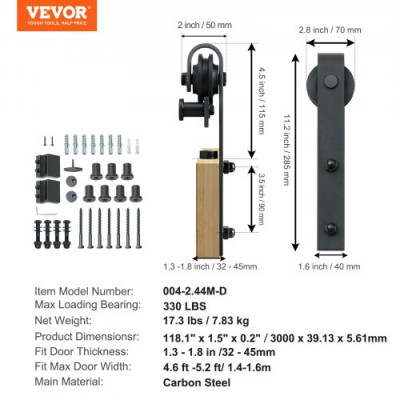 VEVOR Kit de Herrajes Rieles para Puerta Corredera de granero 300 cm Forma de J