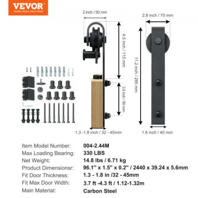 VEVOR Kit de Herrajes para Puerta Corrediza de Granero Riel para Puerta Corrediza de 244 cm para Una Sola Puerta Ancho 1,12-1,32 m Espesor 32-45 mm Carga de 150 kg Polea Silenciosa Forma J para Hogar