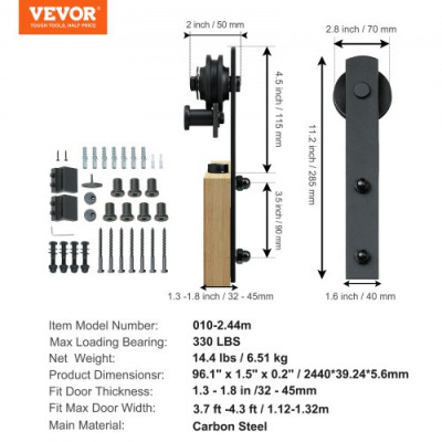 VEVOR Kit de Herrajes para Puerta Corrediza de Granero Riel para Puerta Corrediza de 244 cm para Una Sola Puerta Ancho 1,12-1,32 m Espesor 32-45 mm Carga de 150 kg Polea Silenciosa Forma I para Hogar