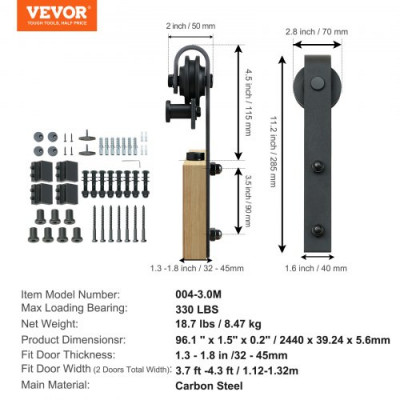 VEVOR Kit de Herrajes para Puertas Corredizas de Granero Riel para Puerta Corrediza de 244 cm para Puertas Dobles Ancho 1,12-1,32 m Espesor 32-45 mm Carga de 150 kg Polea Silenciosa Forma J para Hogar