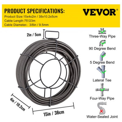 VEVOR Cable de Barrena de Drenaje de 75 'x 3/8' '(23m x 9.5 mm)  Ideal para Fregaderos de Cocina, Lavabos, Fregaderos y Pilas de Lavandería.