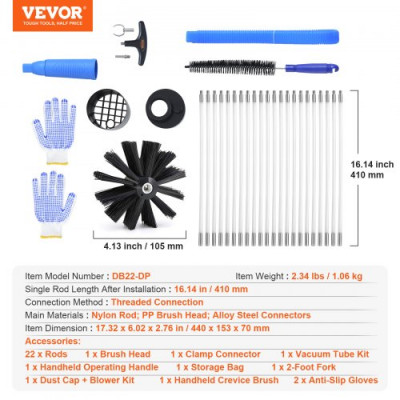 VEVOR Kit de Deshollinador de Chimenea Estufa 9,1 m Cepillo de Limpieza de Ventilación 22 PCS Limpieza de Tuberías Varilla de Nailon con Accesorios, Cepillo de Pelusa Flexible, Alicates, Conectores