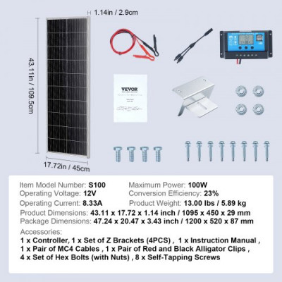 VEVOR Kit de Panel Solar Monocristalino 100 W Panel Solar Monocristalino 12 V con Controlador de Carga Módulo Fotovoltaico Monocristalino de Alta Eficiencia 23% IP68 a Prueba de Agua para RV, Barcos