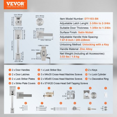 VEVOR Juego de manija y cerrojo para puerta de entrada, manija cuadrada de níquel satinado con palanca