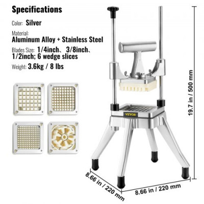 VEVOR Cortador de Verduras de Multifunción Profesional Manual con 4 Cuchillas de Acero Inoxidable 12,7/6,4/9,5 mm y 6 Cuchillas de Repuesto para Rebanar Palitos de Frutas Restaurante de Cocina