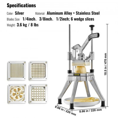 VEVOR Picadora Manual Profesional de Patatas Fritas Cortador Multifunción de Verduras 4 Cuchillas de Acero Inoxidable Cortador de 6 Cuartos Rodajas de Patata Palitos de Fruta para Cocinas Restaurantes