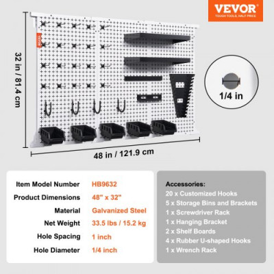 VEVOR Organizador de pared con tablero perforado, 48 