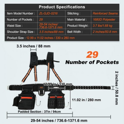 VEVOR Cinturón de Trabajo Herramientas con Tirantes 29 Bolsillos Cinturón de Cintura Ajustable de Poliéster 1680D 736,6-1371,6 mm para Carpinteros Electricistas Fontaneros Bricolaje Jardinería, Negro