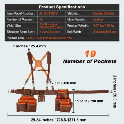 VEVOR Cinturón de Trabajo Herramientas con Tirantes 19 Bolsillos Cinturón de Cintura Ajustable de Cuero Genuino 736,6-1371,6 mm para Carpinteros Electricistas Fontaneros Bricolaje Jardinería, Marrón