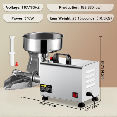 Exprimidor ETC-1C Filtro Eléctrico para Tomates de Acero Inoxidable 370W Exprimidor Eléctricode para Salsa de Acero Inoxidable 90-160kg/h para Hacer Ketchup Salsa de Fresa Salsa de Arándano