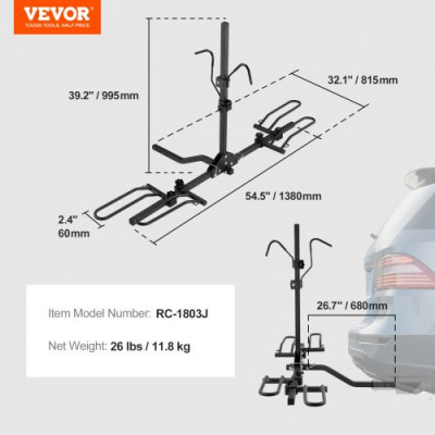 VEVOR Portabicicletas para 2 Bicicletas Portaequipajes con Enganche Capacidad de Carga Máxima de 36 kg Compatible con Receptores de 30/51 mm para Coches SUV Autocaravana Camión Viajes Desplazamientos