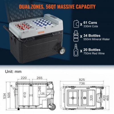 VEVOR Nevera Eléctrica Portátil de 53 L Nevera Camping de Viaje 12/24 V Cc 100-240 V Ca Nevera de Una Zona para Coche 0,6 kW.h Refrigerador Portátil