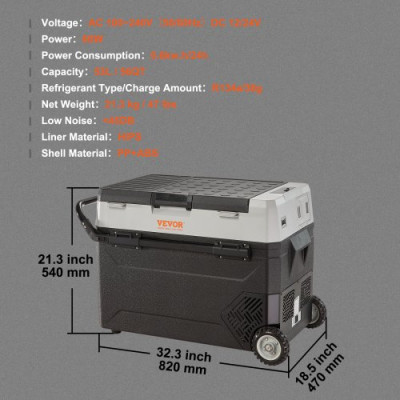 VEVOR Nevera Eléctrica Portátil de 53 L Nevera Camping de Viaje 12/24 V Cc 100-240 V Ca Nevera de Una Zona para Coche 0,6 kW.h Refrigerador Portátil