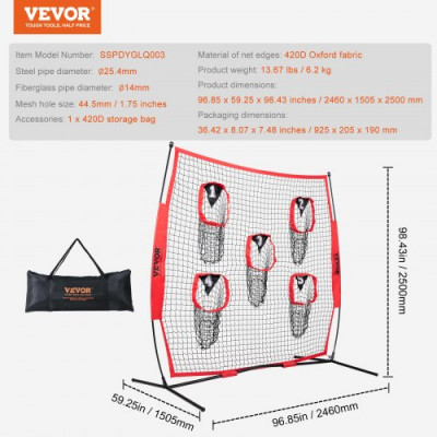 VEVOR Red de entrenamiento de fútbol americano portátil Red de pase de rugby de 246x250 cm con 5 bolsillos para objetivos Entrenador para mejorar la precisión del lanzamiento Quarterback Béisbol Fútbo