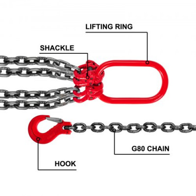 VEVOR Cadenas de Elevación de 4 Patas, G80, Acero de Aleación 2 m Eslinga de Cadena, Diámetro Cadena 8 mm Capacidad de Carga 4 t Eslinga de Carretilla Elevadora para Minería, Puertos y Construcción