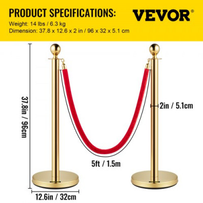 Postes Separadores Cinta Extensible 8 piezas Barreras De Seguridad Altura 90 cm Dorados Poste Separador con Cuerda de Terciopelo de 1,5 m Roja