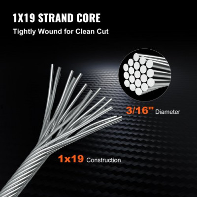 VEVOR Cable de Acero Inoxidable 152 m Cable de Acero Inoxidable Bobina de 4,8 mm Cable de Suspensión 1x19 Hilos Resistencia a la Rotura 1905,1 kg para Barandillas de Escaleras Tendedero Colgar Luces